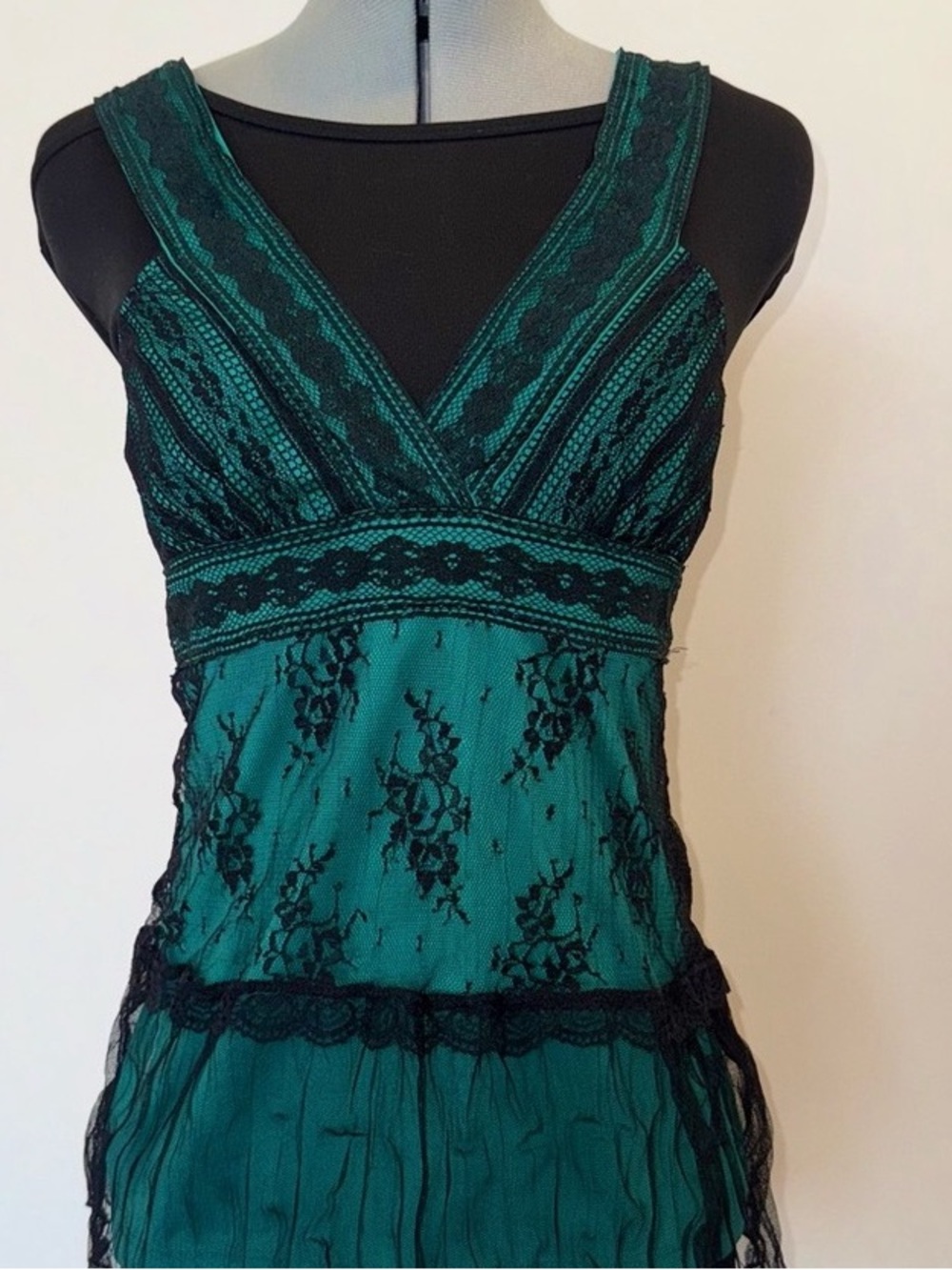 Emerald Green Strapless Lace Overlay Evening Dress
